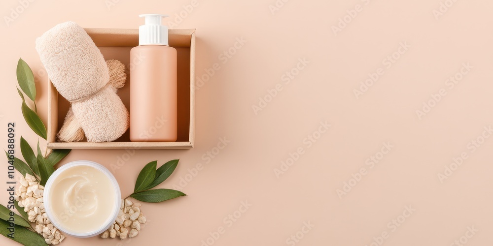 Bath products in a wooden box, towels, cream, and leaves on a peach background. Bath products in a wooden box, towels, cream, and leaves on a peach background.