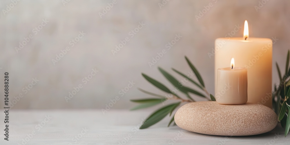 Candles on a stone with greenery, peaceful ambiance, ideal for relaxation. Candles on a stone with greenery, peaceful ambiance, ideal for relaxation.