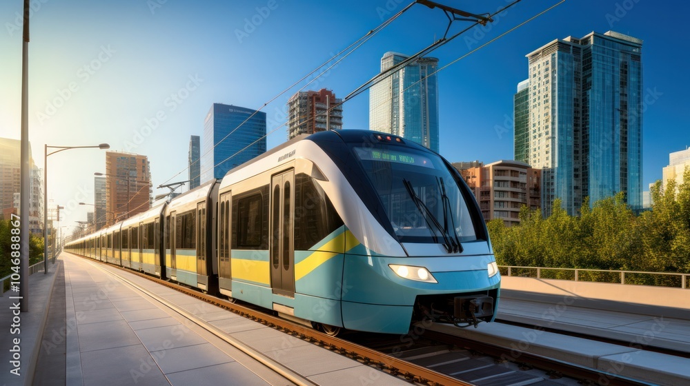 Naklejka premium A modern light rail train in motion along a dedicated track, with urban buildings in the background.