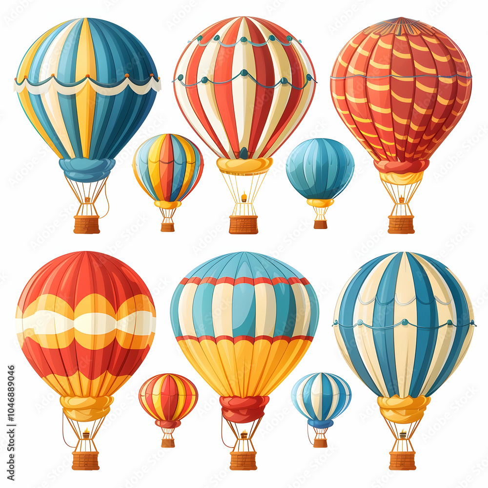 Obraz premium A collection of nine colorful cartoon hot air balloons, isolated on white background.