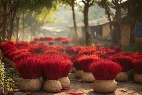 Quang Phu Cau village Hanoi, drying incense sticks in bunches, red fields of incense. ai generated photo