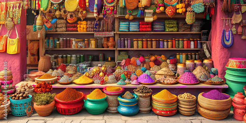 Fototapeta premium A colorful Indian market stall, overflowing with spices, jewelry, and handicrafts, beckoning shoppers with its bright colors and aromas.