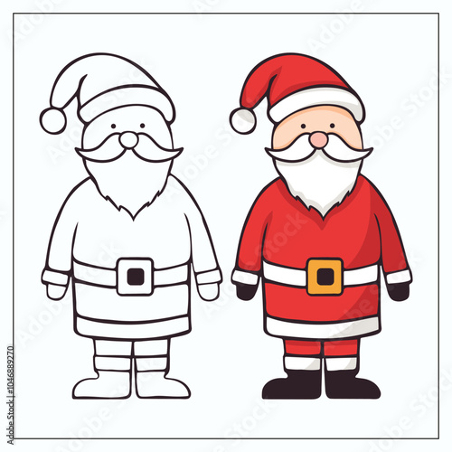 Santa Claus doodle illustration. Colored and outline set of Christmas character for stickers, logo, coloring book page printable activity worksheet for kids, decoration, design