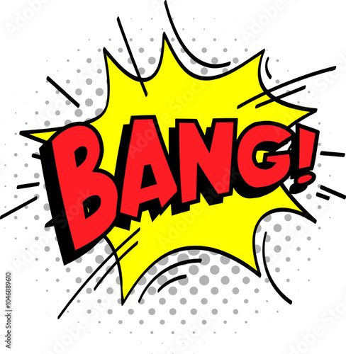 Red bang comic book explosion text with yellow starburst and gray halftone dots, evoking surprise, action, and impact in graphic design