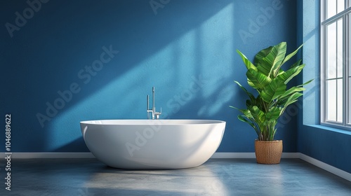 The 3D rendering of this luxurious modern bathroom interior design features a white bathtub against grungy dark blue walls.