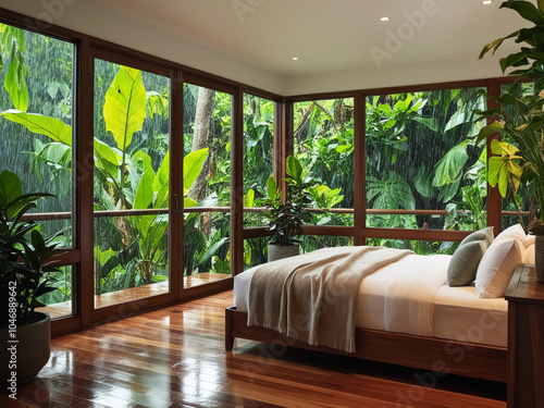 living room with bed in the middle of a jungle. 