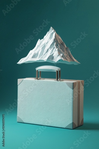 An angular briefcase with a 3D mountain icon hovering above, symbolizing reaching the peak of success.  photo