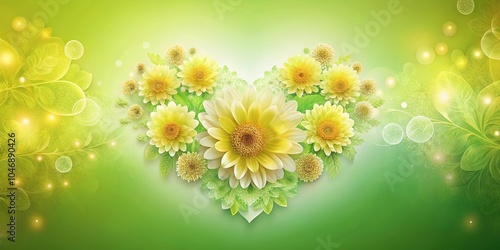 A beautiful illustration of a blooming heart-shaped flower on a soft green or yellow-green background with delicate petals and center details, botanicals, nature, love, heart shape