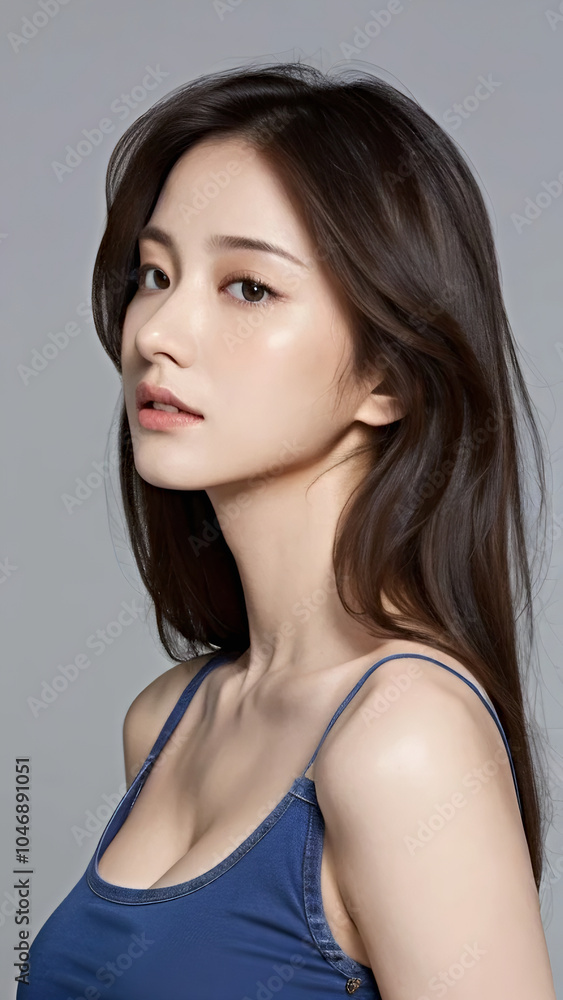 Close-Up Portrait of an Asian Woman with a Perfect Body, Beautiful Facial Features, Long Hair, Wearing a Tank Top and Jeans.