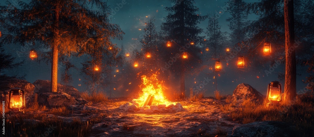 A magical forest scene with a roaring campfire and glowing lanterns hanging from the trees. A magical forest scene with a roaring campfire and glowing lanterns hanging from the trees.