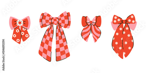 Retro set of elegant bow knots in cage, with butterfly and daisy flowers. Collection of groovy holiday decorative elements, festive present decor. Hand drawn vector illustration in 70s vintage style