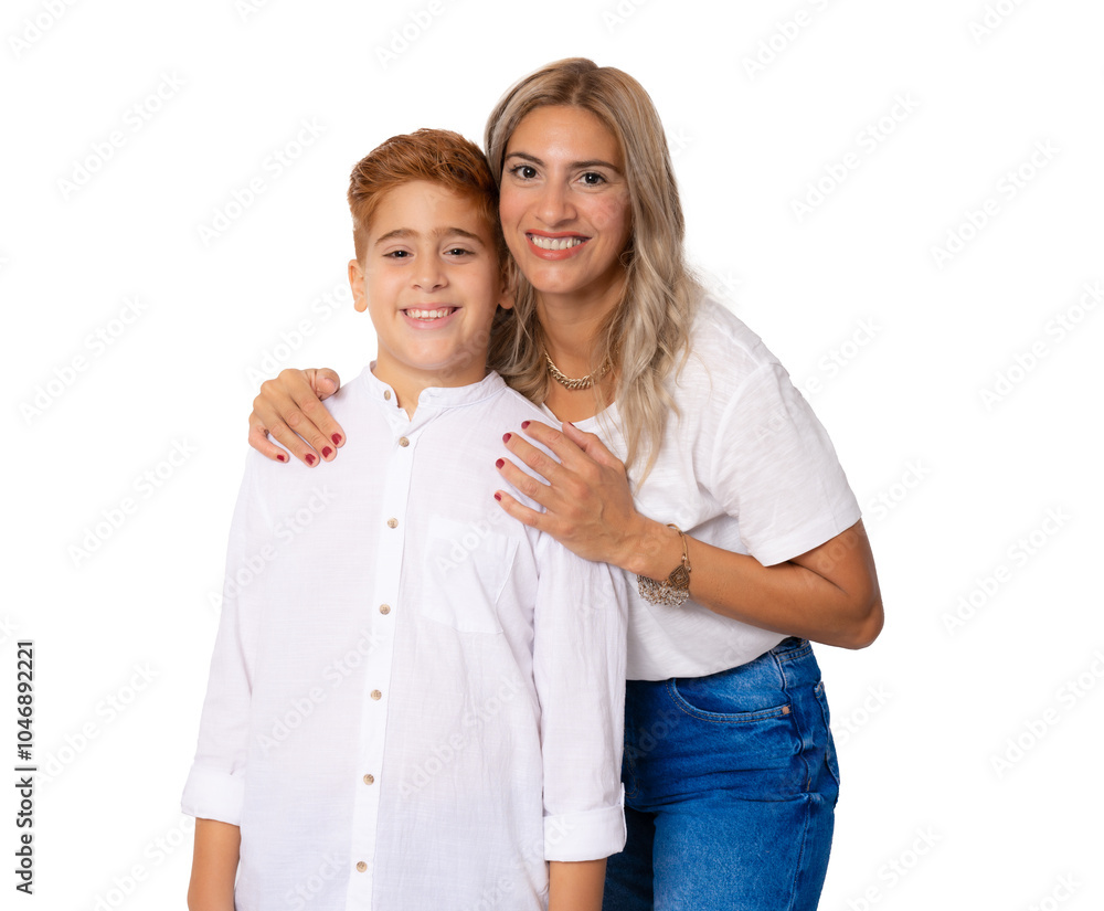 Portrait of young mother and son against transparent background, looking at camera Portrait of young mother and son against transparent background, looking at camera