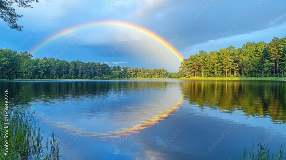Double rainbow reflected in a calm lake after a summer shower, 4K hyperrealistic photo Double rainbow reflected in a calm lake after a summer shower, 4K hyperrealistic photo