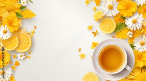 Fototapeta Naklejka Na Ścianę i Meble -  A vibrant display of yellow flowers and lemon slices surrounding a warm cup of herbal tea