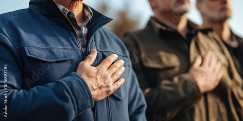 Men pledging allegiance with hands over hearts, sincere expressions, soft background.