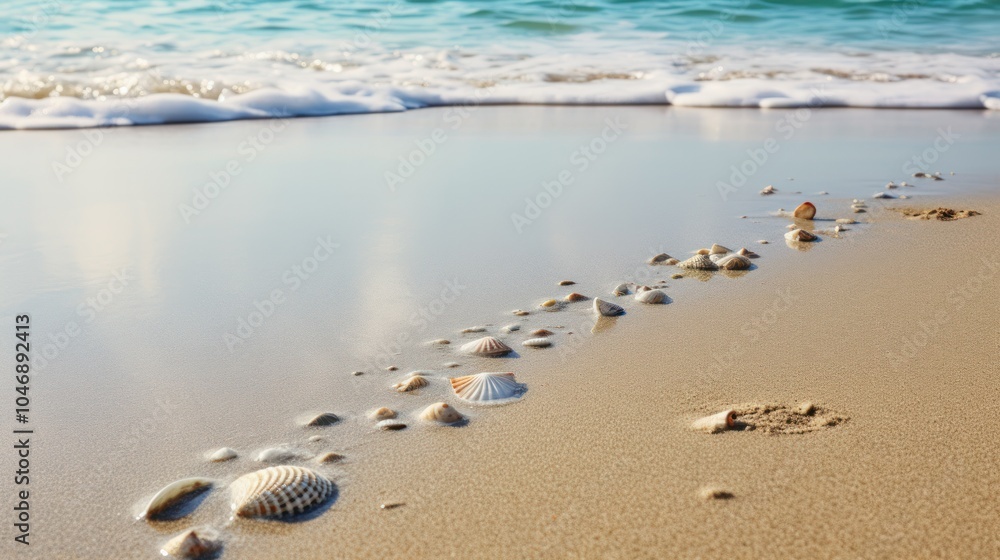 An intimate close-up of footprints in wet sand, surrounded by delicate seashells and small pebbles, An intimate close-up of footprints in wet sand, surrounded by delicate seashells and small pebbles,