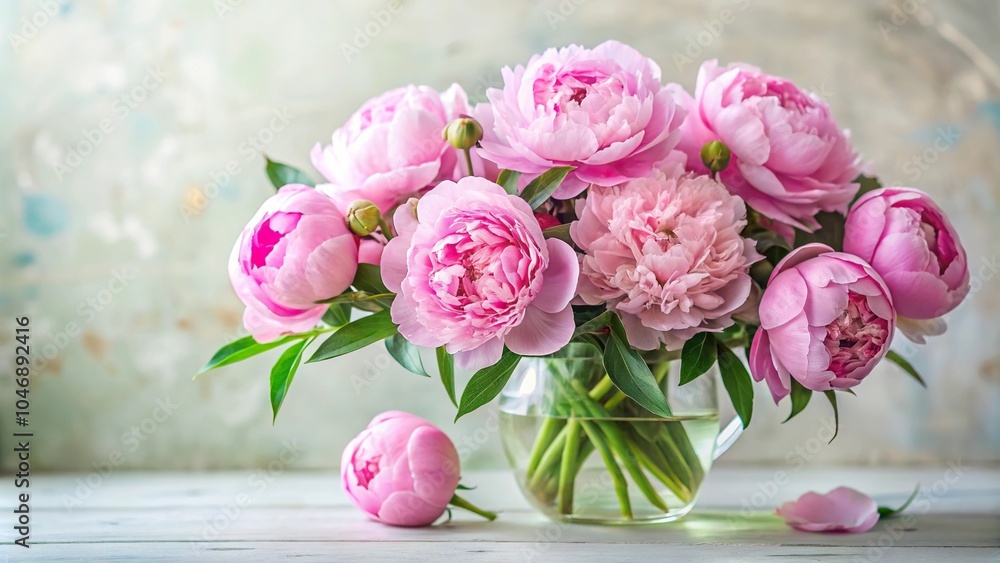 A close-up of delicate pink peony flowers arranged in a beautiful vase filled with fresh greenery and branches, vases, arrangements, floral art, home decor A close-up of delicate pink peony flowers arranged in a beautiful vase filled with fresh greenery and branches, vases, arrangements, floral art, home decor