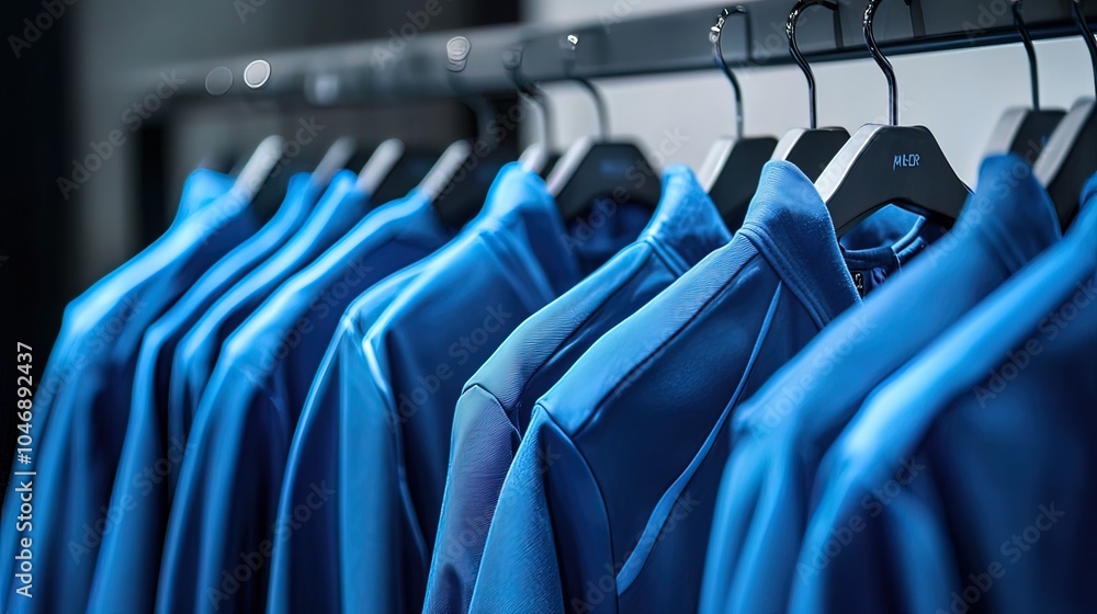 Fototapeta premium Blue Jackets Hanging on a Rack in a Clothing Store