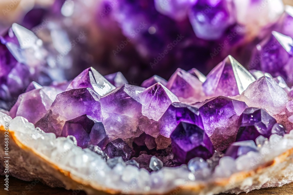 A close-up shot of a delicate, purple-hued amethyst geode with intricate crystalline formations and natural light highlighting its beauty, purple background, gemstone, rock, amethyst geode A close-up shot of a delicate, purple-hued amethyst geode with intricate crystalline formations and natural light highlighting its beauty, purple background, gemstone, rock, amethyst geode
