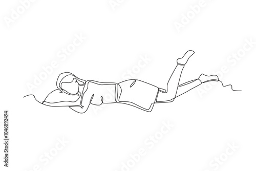 Single one line drawing young Happy woman lying with pillow. Continuous line draw design graphic vector illustration
