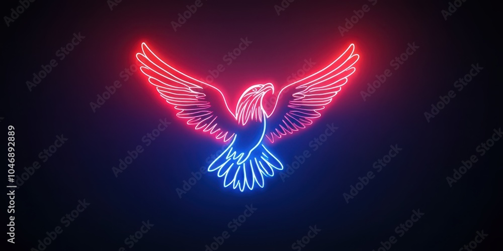 Neon eagle design with vibrant red and blue lights on a dark background. Neon eagle design with vibrant red and blue lights on a dark background.