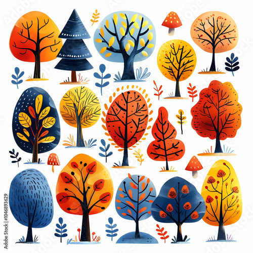 A collection of 20 hand-drawn autumn trees in various shapes and colors, including red, orange, yellow, green, and blue. photo