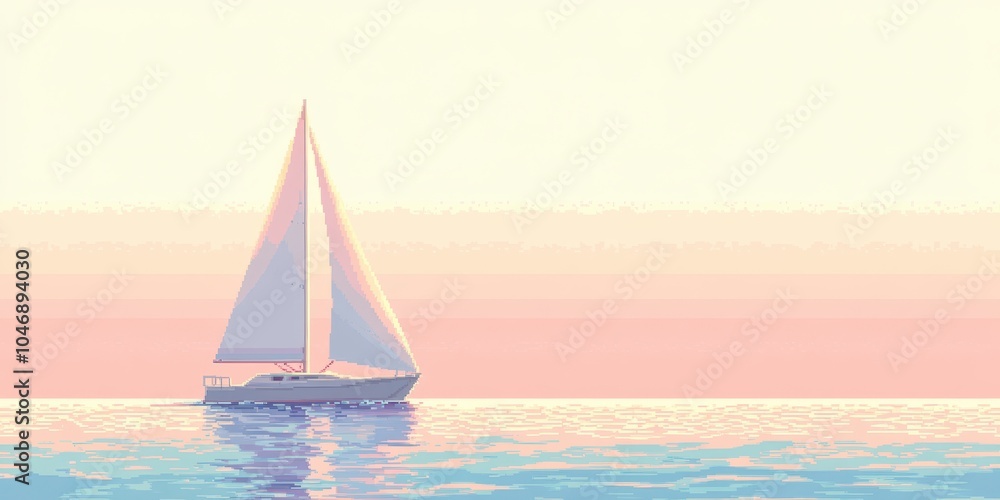 Fototapeta Sailing boat on calm waters at sunset, pastel colors, serene travel vibe.