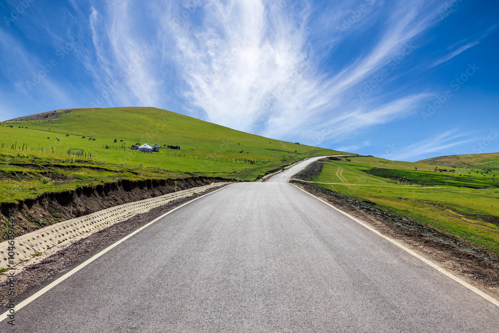 Naklejka premium Asphalt highway road and green grassland nature landscape under blue sky. Road trip.