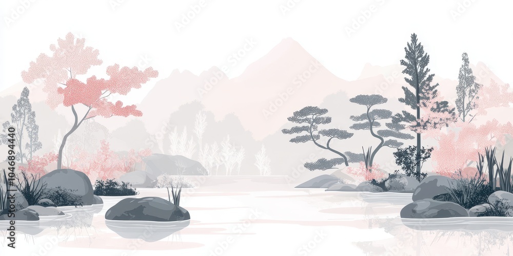 Serene landscape with trees and mountains reflecting on still water, soft pastel colors. Serene landscape with trees and mountains reflecting on still water, soft pastel colors.