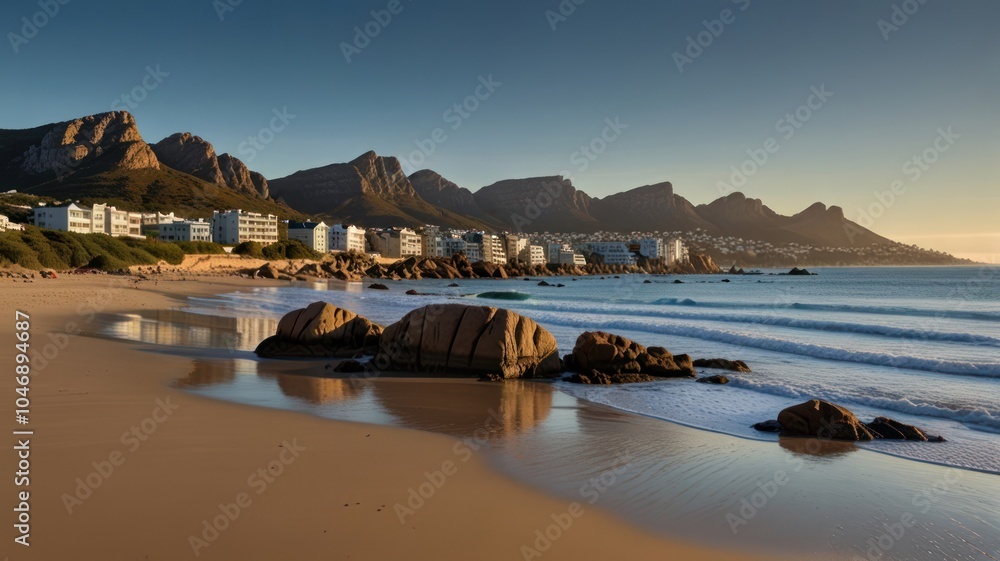 Naklejka premium A panoramic view of a beach with large boulders in the foreground, the ocean in the background, and mountains in the distance. The sky is a clear blue with a hint of orange from the setting sun.