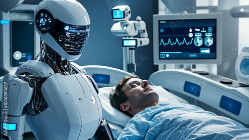 A hospitals advanced robot attends to a patient recovering from surgery at a high-tech hospital facility