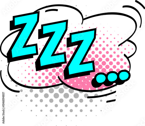 Comic pop art style sleeping sound effect with three z letters and a speech bubble with pink and gray halftone dots representing drowsiness, rest, and dreaming