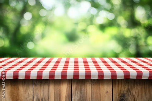 Red and white checkered tablecloth on a wooden table with a blurry green background. (4) photo