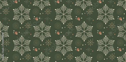 Seamless Christmas pattern with retro-style snowflakes, festive firework elements, and delicate dots on a green background. Perfect for holiday wrapping paper, festive textiles, or seasonal decoration