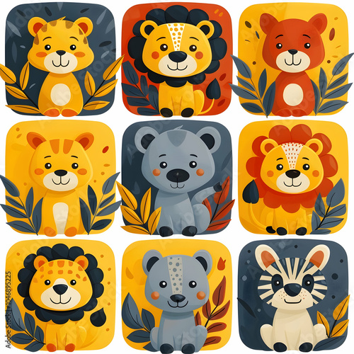 A collection of nine cute cartoon animal illustrations, featuring lions, bears, and a zebra. The animals are all smiling and have large eyes. They are set against a background of leaves and flowers.