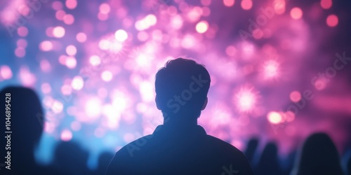 Silhouette watching vibrant fireworks display at night.