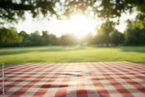 A red and white checkered picnic blanket on a wooden table with a blurred background of a green grassy field and trees.