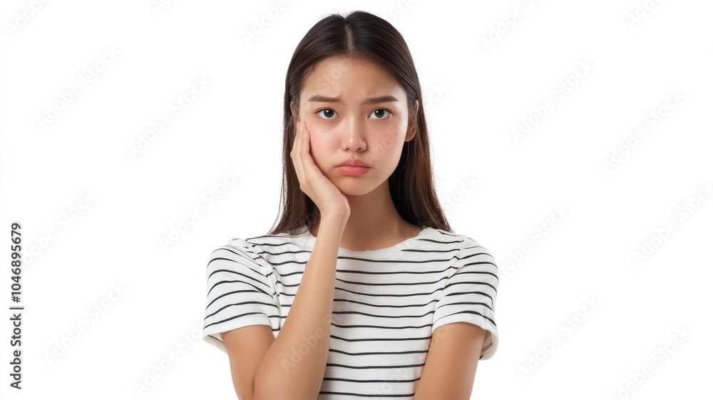 Young woman with long dark hair and striped shirt looking sad. Young woman with long dark hair and striped shirt looking sad.