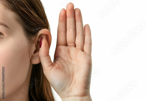 Close-up of a woman's hand cupped to her ear, listening intently.