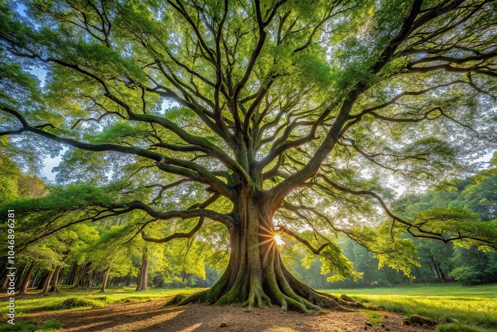 Fototapeta premium A massive ancient tree standing tall in the center of an open forest glade, nature, powerful, majestic