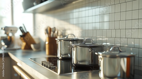 Modern Kitchen with Stainless Steel Cookware and Utensils