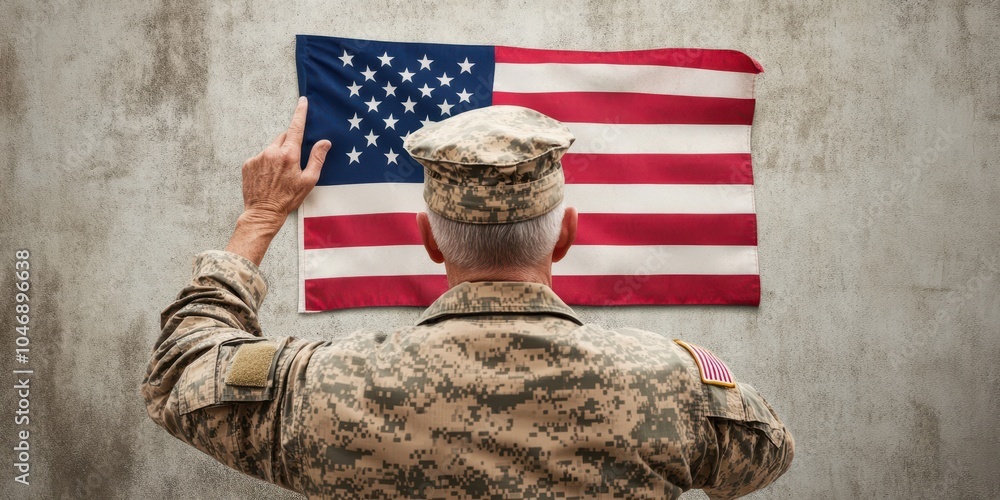 Soldier saluting in front of an American flag on a textured wall background. Soldier saluting in front of an American flag on a textured wall background.