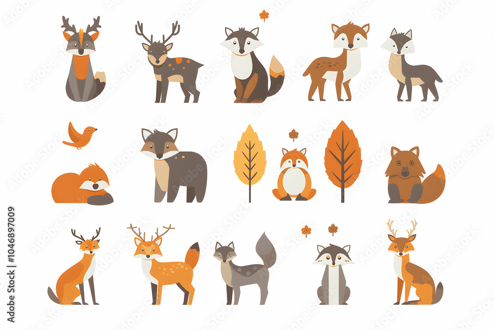 Fototapeta premium Set of cute cartoon animals deer, fox, wolf, bird in autumn style.