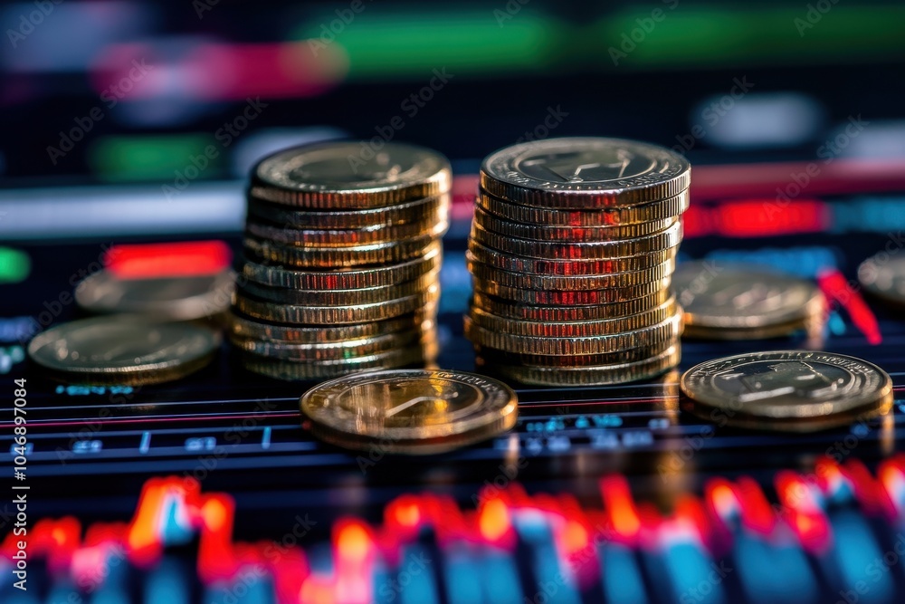 A close-up shot of golden coins stacked on a blurry background of stock market charts and graphs. A close-up shot of golden coins stacked on a blurry background of stock market charts and graphs.