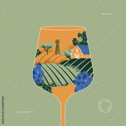 A glass of wine with the vineyard inside. Retro style illustration. Vector illustration