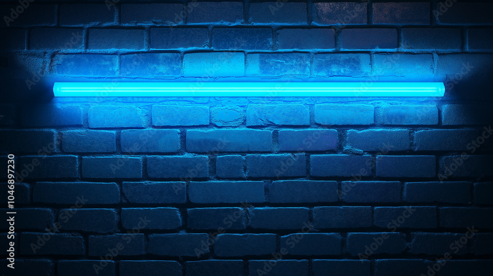 Blue Neon Light on Brick Wall, Glowing Abstract Background Blue Neon Light on Brick Wall, Glowing Abstract Background