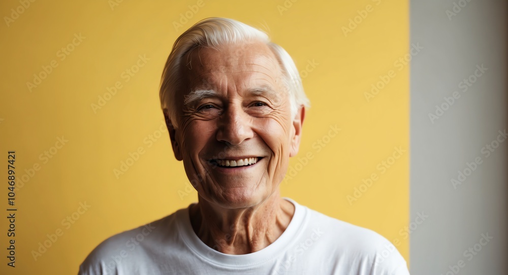 Obraz premium blonde elderly man yellow background wearing plain white tshirt smiling happy portrait