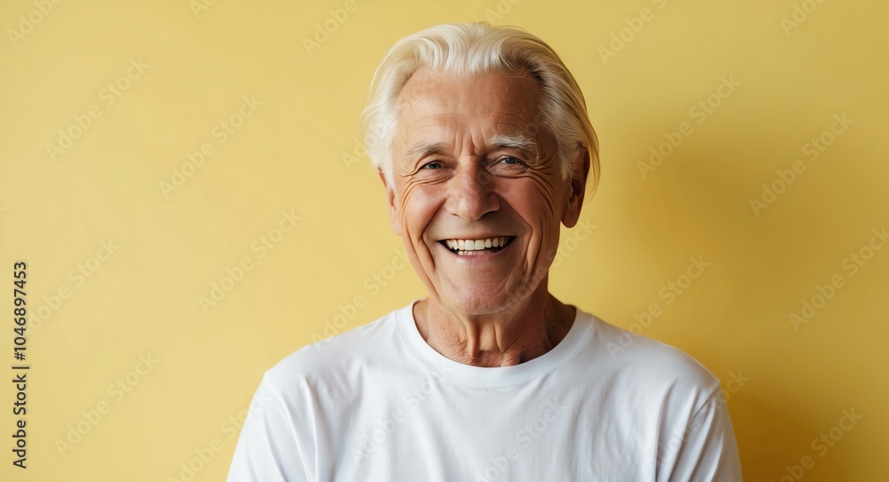 blonde elderly man yellow background wearing plain white tshirt smiling happy portrait blonde elderly man yellow background wearing plain white tshirt smiling happy portrait
