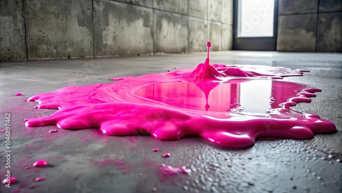 A puddle of bright pink slime spreading across a gray concrete floor, pink, spillage, concreteness, liquid photo