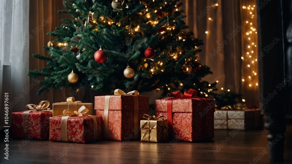 Happy New Year background.. A beautiful Merry Christmas tree with balls and gift boxes. New Year decoration Happy New Year background.. A beautiful Merry Christmas tree with balls and gift boxes. New Year decoration